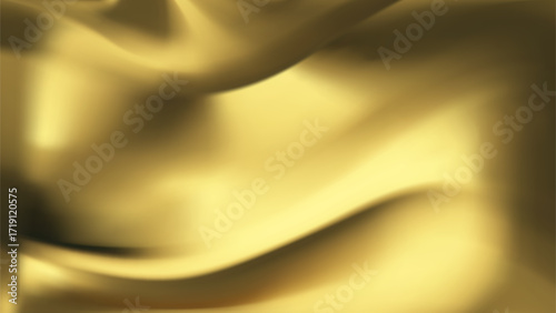Silk gold background with liquid satin wave on golden fabric cloth for luxury elegance. Smooth abstract flag design with vector gradient and 3d ribbon color.
