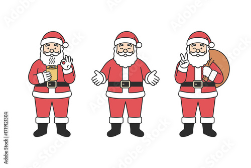 Santa Claus character set showing OK gesture, open arms welcoming pose and peace sign with gift sack, traditional red costume, festive Christmas mascot for holiday season. Flat vector illustration