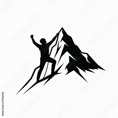 Silhouette of a triumphant climber celebrating victory atop a rugged mountain peak