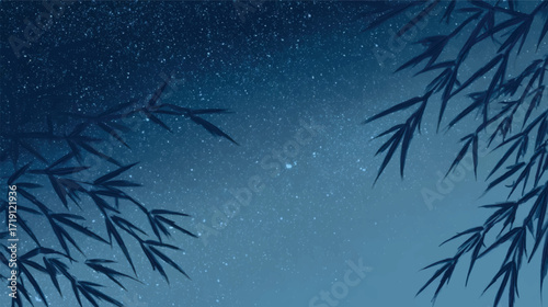 A serene night sky filled with stars, framed by bamboo leaves, creating a tranquil atmosphere