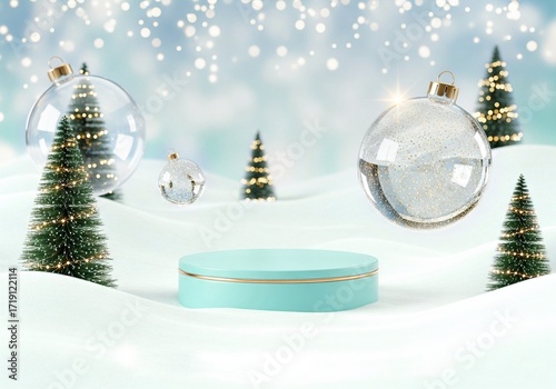 Christmas round podium for products showcase, promotional sale, in turquoise color