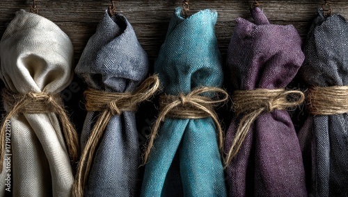 Four tied fabric napkins in varying colors (cream, gray, teal, purple) hang on rustic wooden planks