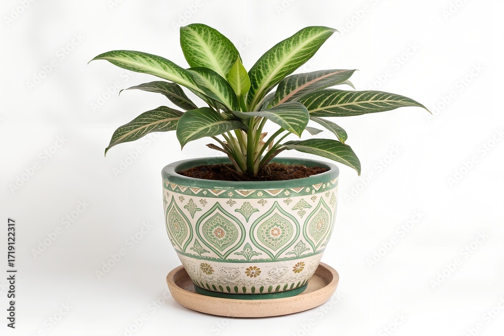 Obraz premium Indoor potted plant with patterned green leaves in geometric ceramic pot on white background 
