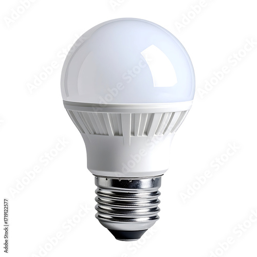 A bright white LED bulb with a frosted glass top, a ridged metallic base, and a standard screw-in fitting