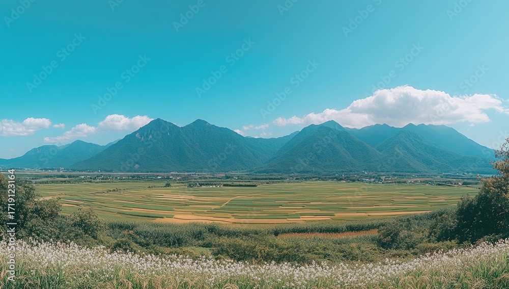 Fototapeta premium Panoramic view of mountains, fields, and wildflowers