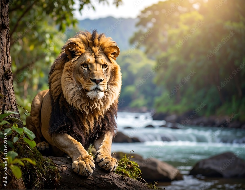 Obraz premium Majestic lion in a lush jungle setting