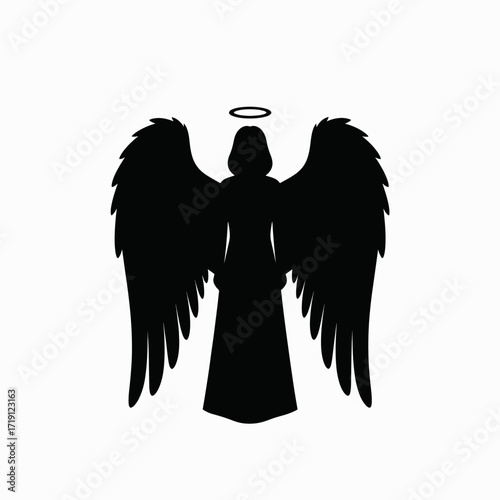 Mysterious Angel Silhouette with Expansive Wings and Radiant Halo