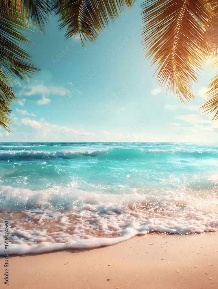 Fototapeta premium 砂浜に打ち寄せる波とヤシの葉の青い空の背景