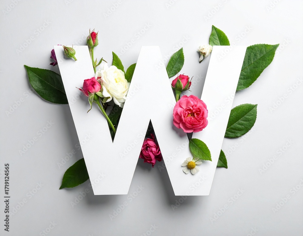 Obraz premium Letter W made of real natural flowers and leaves. Flower font concept.