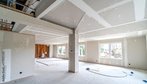 Unfinished interior room with drywall and exposed beams