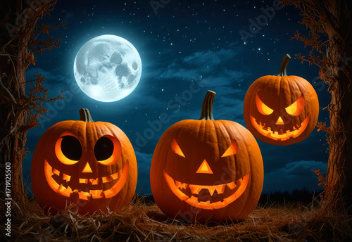 Three carved pumpkins with glowing faces sit in a field under a full moon. The night sky is dark with scattered stars, creating a spooky Halloween atmosphere.