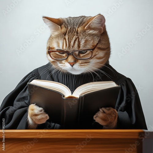 A thoughtful cat wearing glasses and reading a book in a judge outfit.