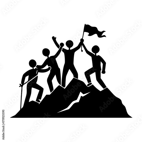 Silhouette of five climbers who climbed to the top of the mountain, working as a team. Conceptual business scene of teamwork and success

