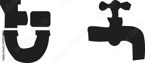 Black plumbing icons showing a pipe fitting and a faucet on a white background in a simple illustration