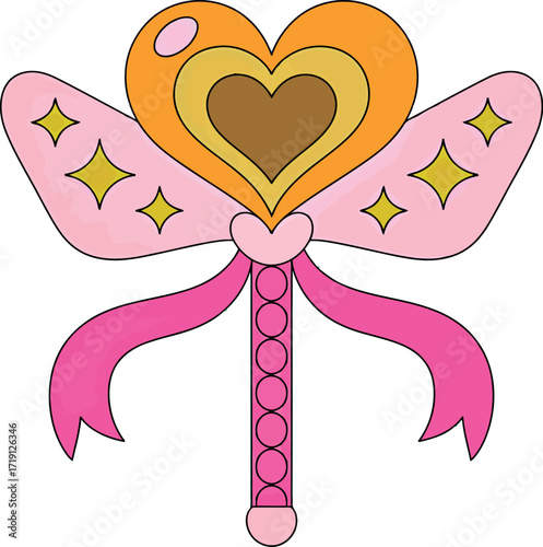Magical heart wand sparkle pink ribbon anime style fantasy vector