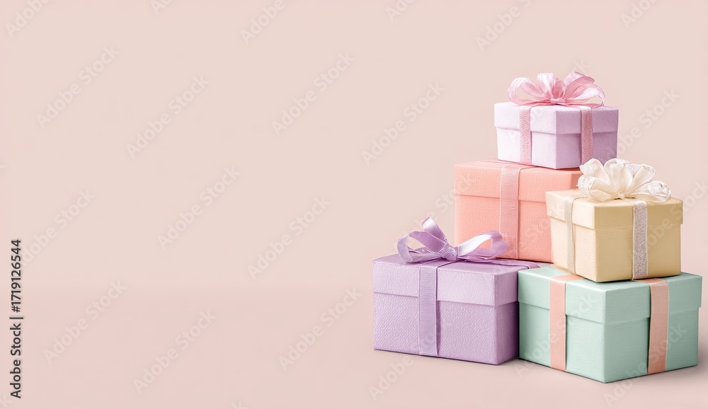 Obraz premium Pastel-toned gift boxes stacked on a pale pink background