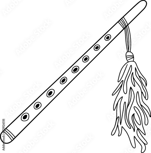 Indian bansuri flute with decorative tassel musical instrument line art vector