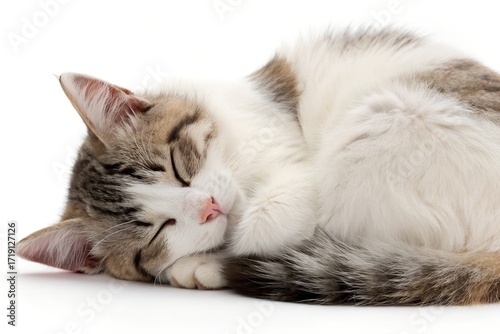 Sleeping cat with white, brown, and black fur curled up peacefully on white background