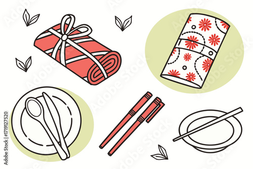 A seamless pattern of Japanese food icons, including sushi and fish, with a cartoon illustration design perfect for a summer sticker collection