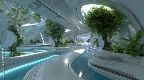 Fototapeta Naklejka Na Ścianę i Meble -  The organic, flowing interior of a futuristic space station with bioluminescent plants.