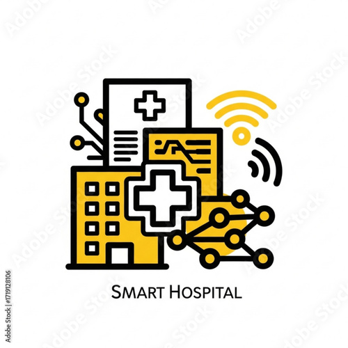 Innovative smart hospital outline with connectivity, showcasing modern healthcare solutions in a minimalist silhouette design for advanced medical technology concepts