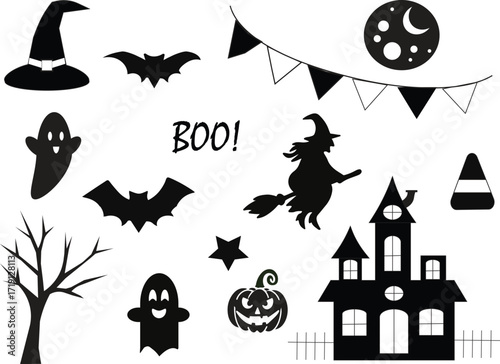 Halloween clip art collection. Haunted house, ghost, witch, flying broom, jack o lantern, banner, star, dead tree, boo, bat, pumpkin, castle, 