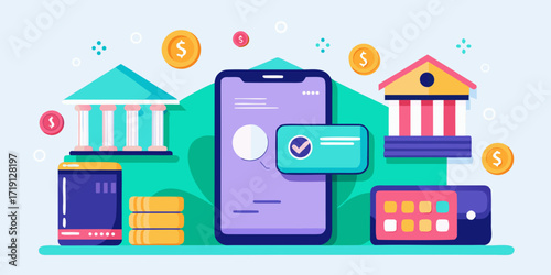Digital banking and mobile payment services with financial icons