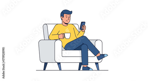 A man is sitting in a white armchair, holding a phone and a cup of coffee.