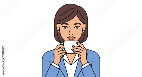 Woman in business attire drinking from a white mug.