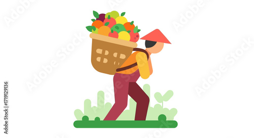 A farmer carries a large basket of fresh fruit on his back.