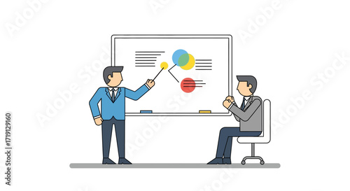 A man in a suit points to a diagram on a whiteboard while another man sits and listens.