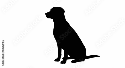 A black silhouette of a Labrador dog in a seated position facing left against a white background