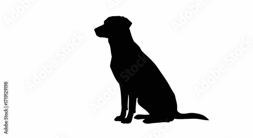A black silhouette of a dog sitting sideways on a white background