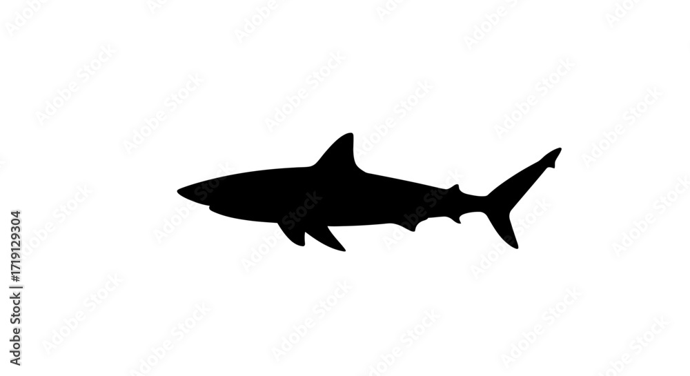 Naklejka premium A black silhouette of a shark swimming against a plain white backdrop