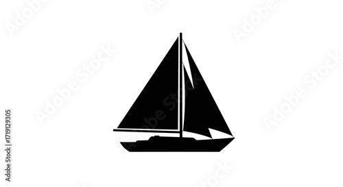 A black silhouette of a sailboat with two sails and a hull on a white background