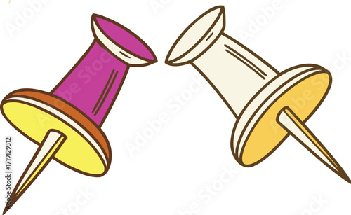Two colorful thumbtacks leaning towards each other on a black background pushpin stationery