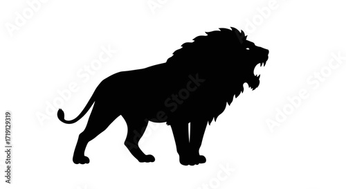 A black silhouette of a roaring lion mane fully visible against a white background