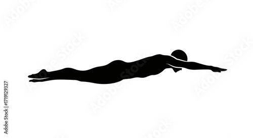 A black silhouette of a swimmer with arms extended wearing a cap