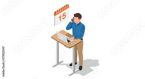Man working at standing desk with laptop and calendar.