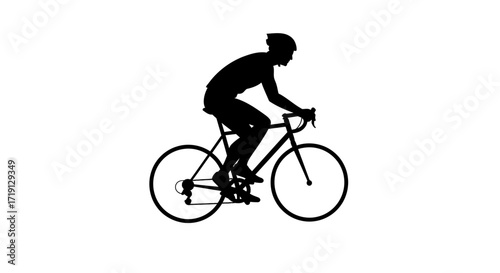 A cyclist silhouette rides a racing bicycle against a stark white backdrop