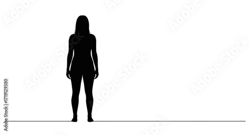 A fullbody black silhouette of a woman stands centered on a white background atop a black line