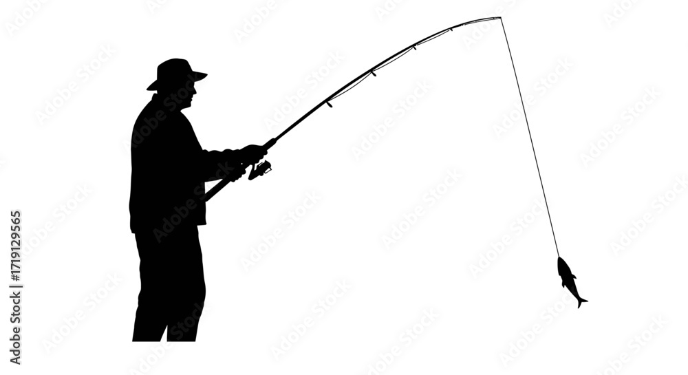 Obraz premium A silhouetted figure is fishing a fish is caught on the line