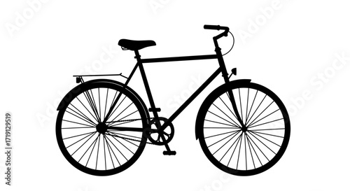 A silhouetted bicycle with visible seat handlebars wheels and spokes against a plain white backdrop