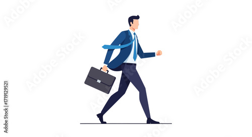 A businessman in a suit walks briskly, carrying a briefcase.