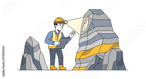 A geologist examining a rock formation with a headlamp, studying layers and formations.