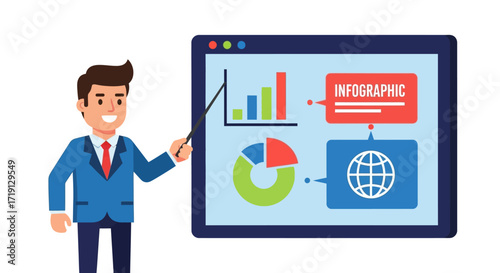 Cartoon man presenting an infographic with charts, a pie chart, and a globe on a screen.