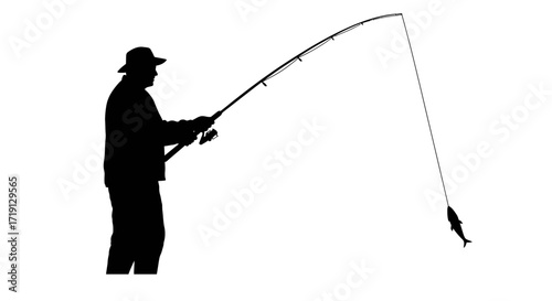 A silhouetted figure is fishing a fish is caught on the line