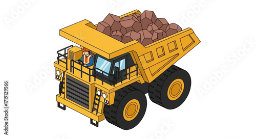 Isometric illustration of a large yellow mining dump truck carrying a load of rocks.