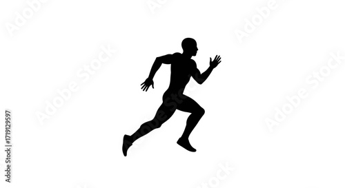 A silhouette of a person midrun against a stark white background