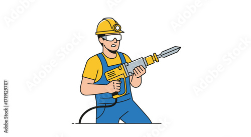 Miner with jackhammer, wearing hardhat and safety glasses.